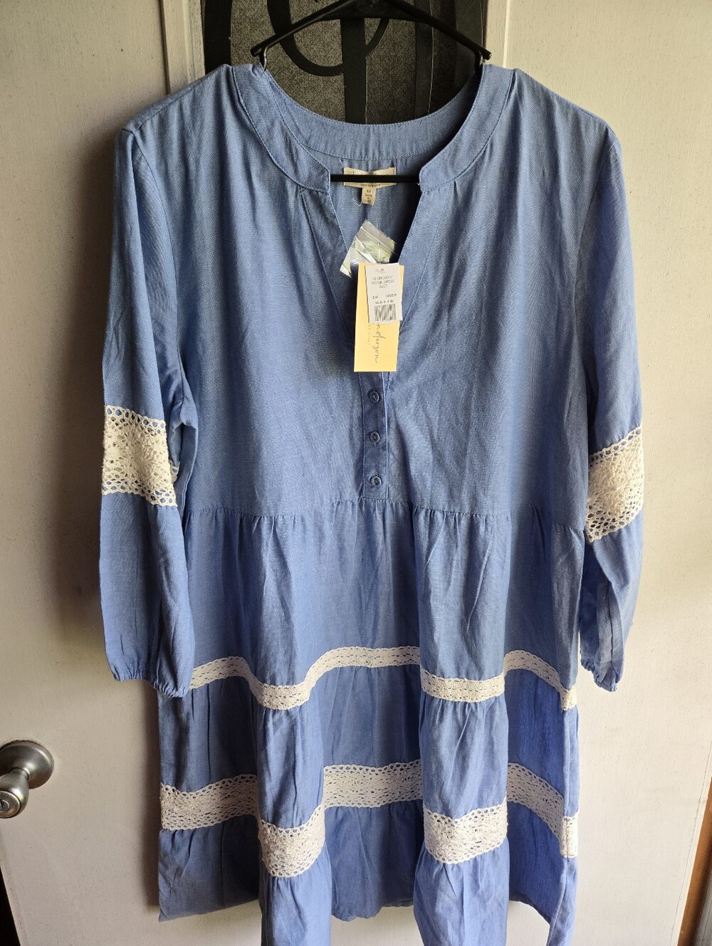 Linda Anderson Light Blue Lace Trim Tiered Tunic Dress NWT